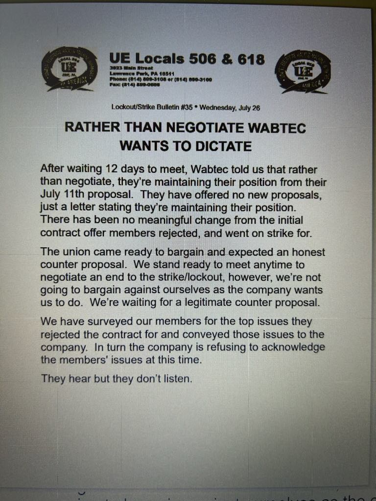 Wabtec, Unions See Little Progress in Negotiations