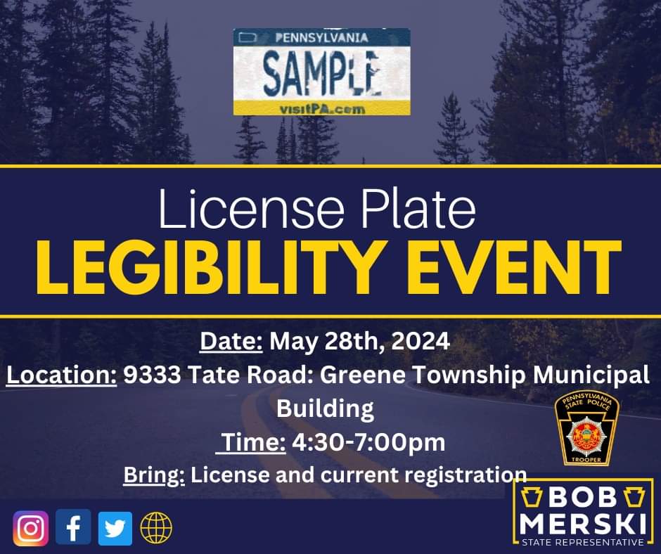 Pennsylvania State Police to Host License Plate Legibility Event at Greene Township Municipal Building