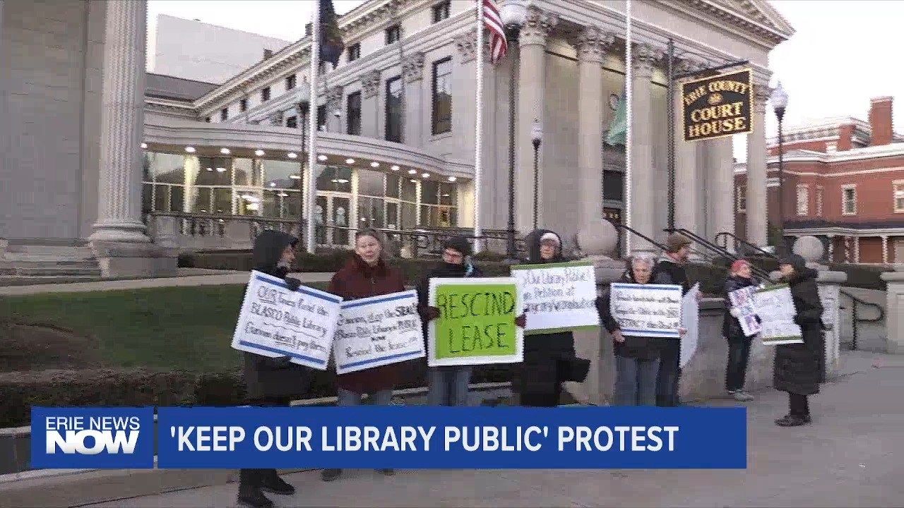 “Keep Our Library Public” Protest Before County Council Meeting Erie