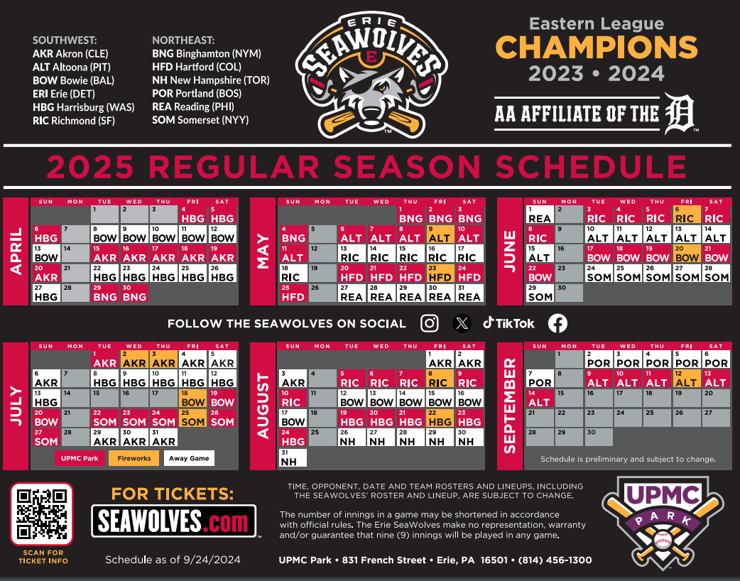 Erie SeaWolves Release 2025 Schedule 30th Season of SeaWolves Baseball